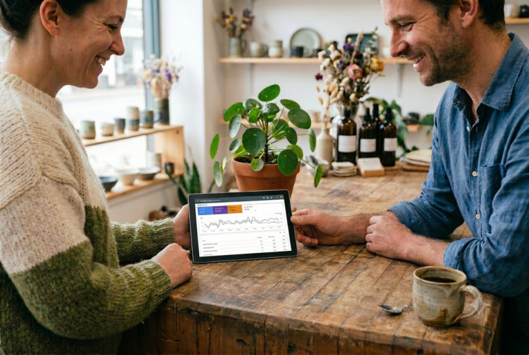 Twee ondernemers die naar een Google Search Console prestatiedashboard kijken op een tablet