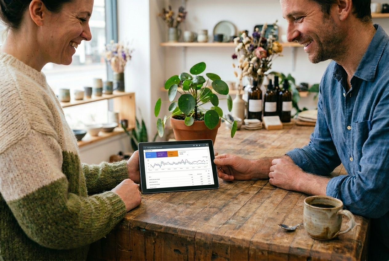 Twee ondernemers die naar een Google Search Console prestatiedashboard kijken op een tablet